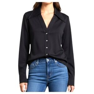 VTG LEE MAR Pageant Dacron Knit BLACK BUTTON-UP TOP SHIRT Long Pointed Collar L